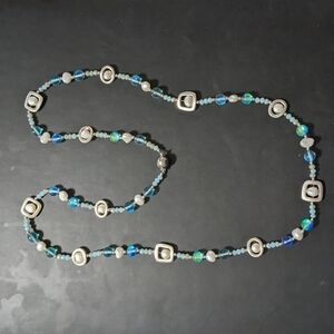 Silver Tone Blue Crystal Iridescent White Freshwater Pearl Statement Necklace